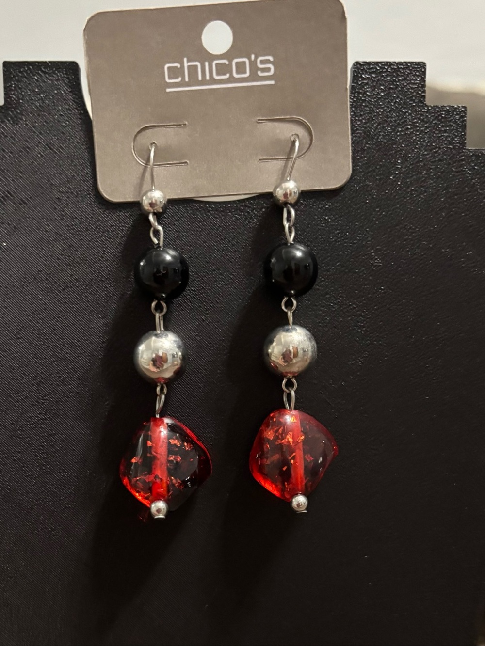 Chico's Black, Silver and Red Beaded Drop Earrings